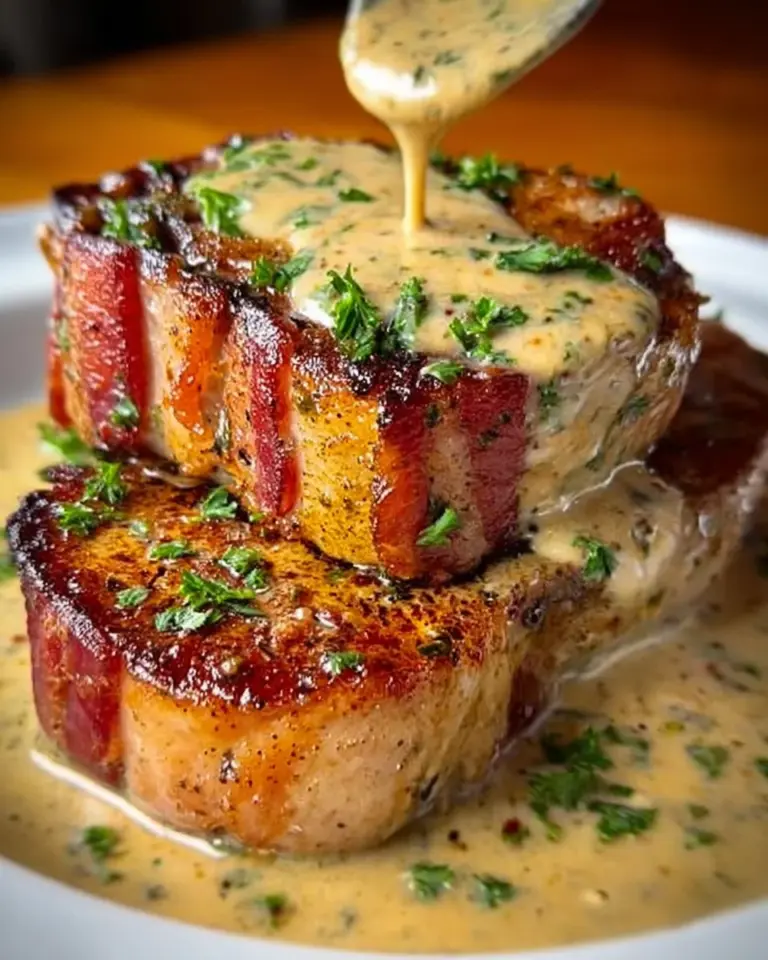 Maple Bacon Pork Chops served with Dijon Mustard Cream Sauce on a plate