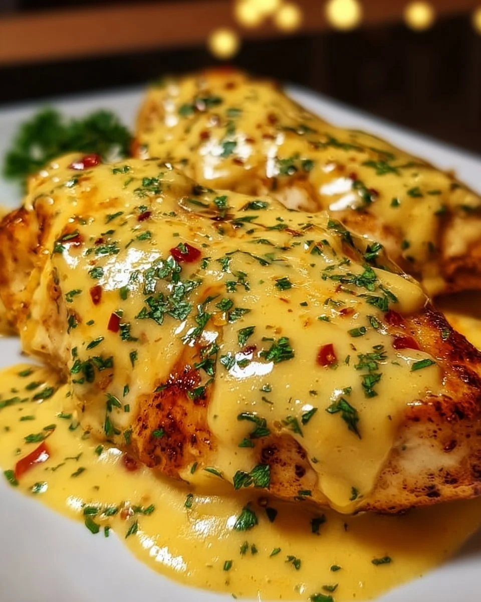 Delicious Mexican Chicken topped with creamy cheese sauce served in a vibrant dish