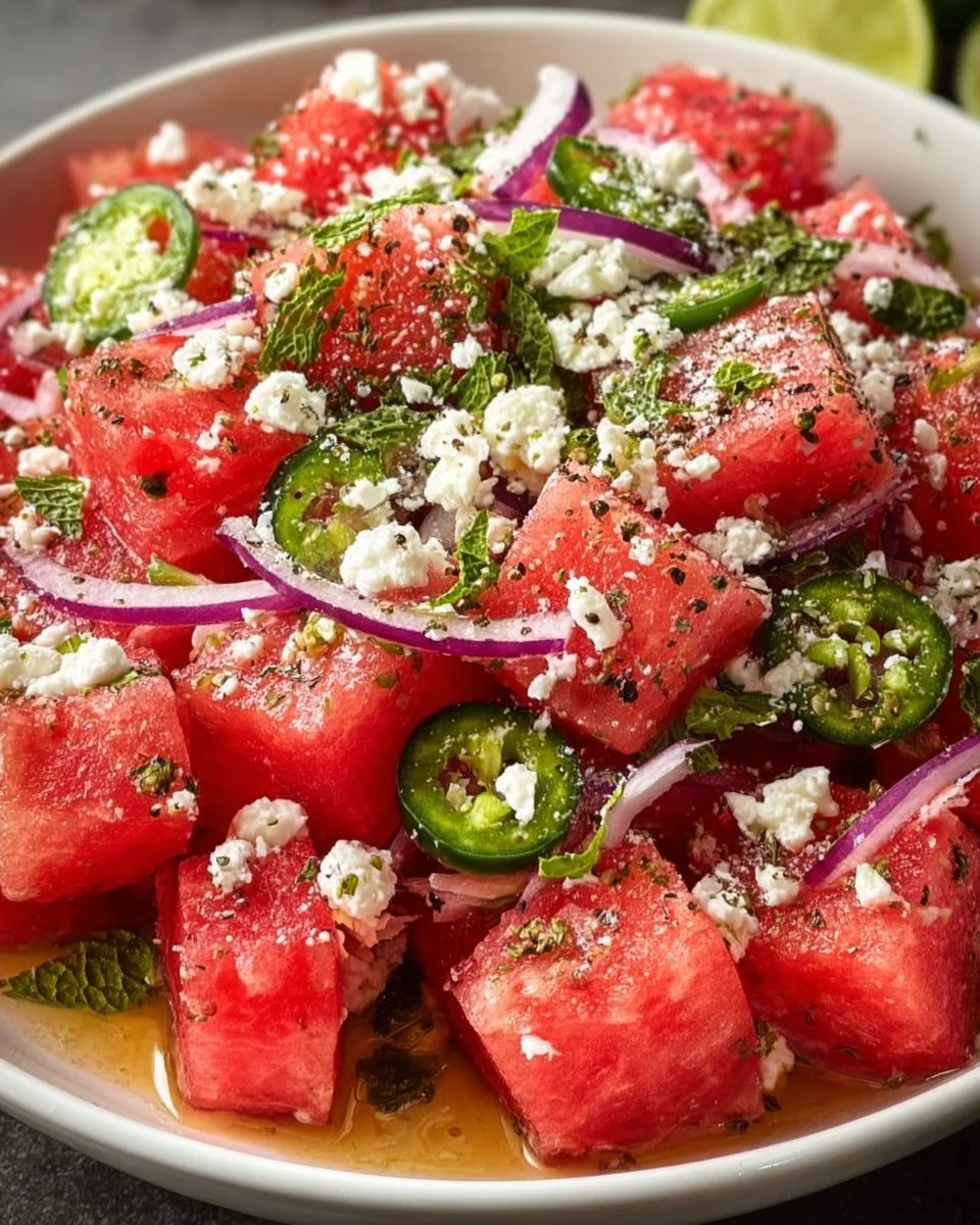 Vibrant Mexican watermelon salad with fresh ingredients and zesty seasoning