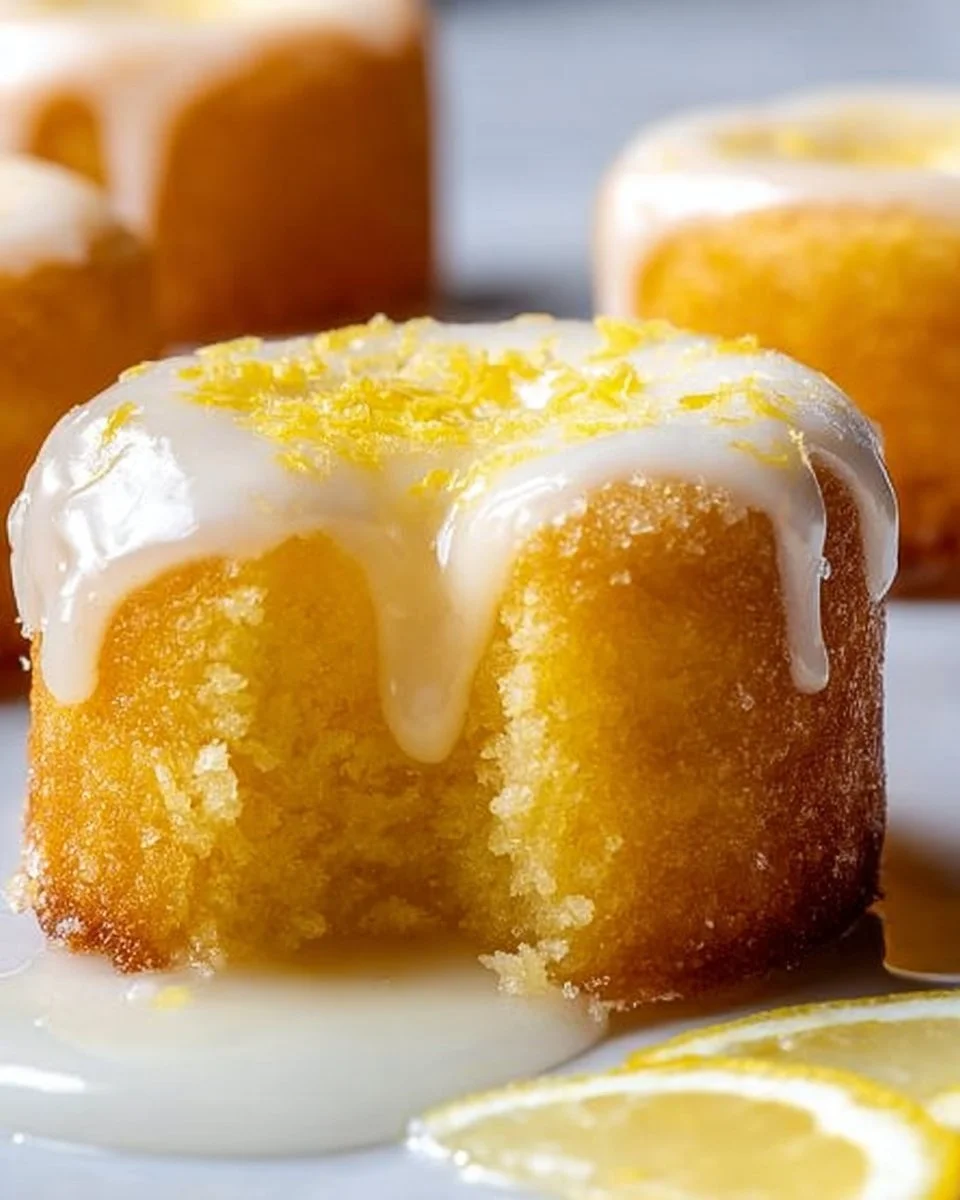 Mini Lemon Drop Cakes with icing on a white plate