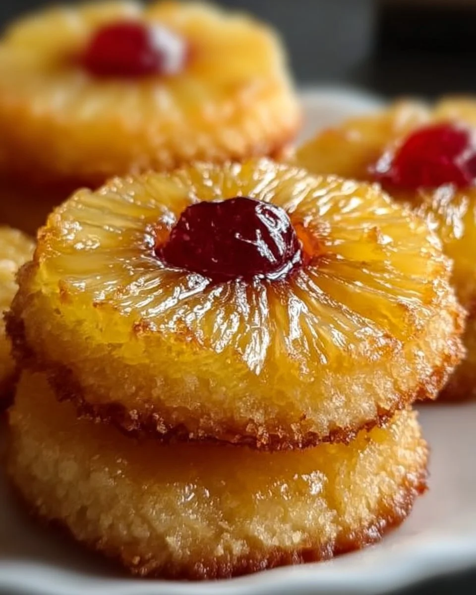 Mini Pineapple Upside Down Sugar Cookies on a plate with pineapple and cherry decorations
