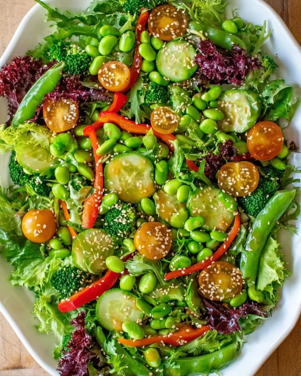 Mixed green salad topped with sesame ginger vinaigrette in a bowl.