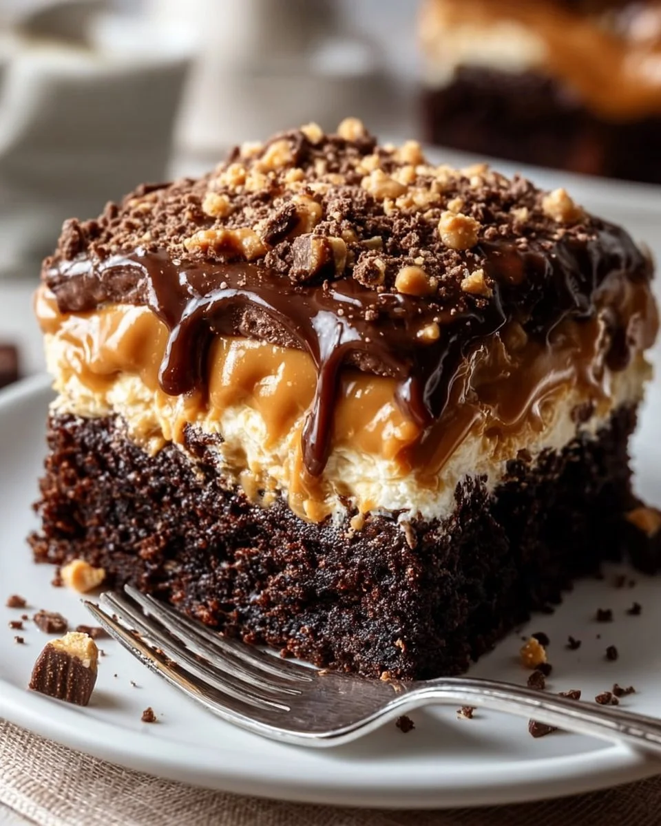 Moist chocolate peanut butter poke cake with creamy filling and chocolate drizzle