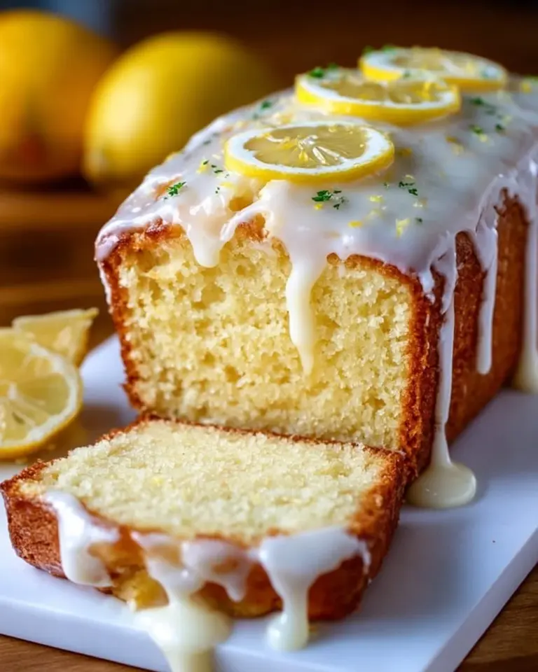 Moist lemon cream cheese loaf with a zesty glaze on a wooden table