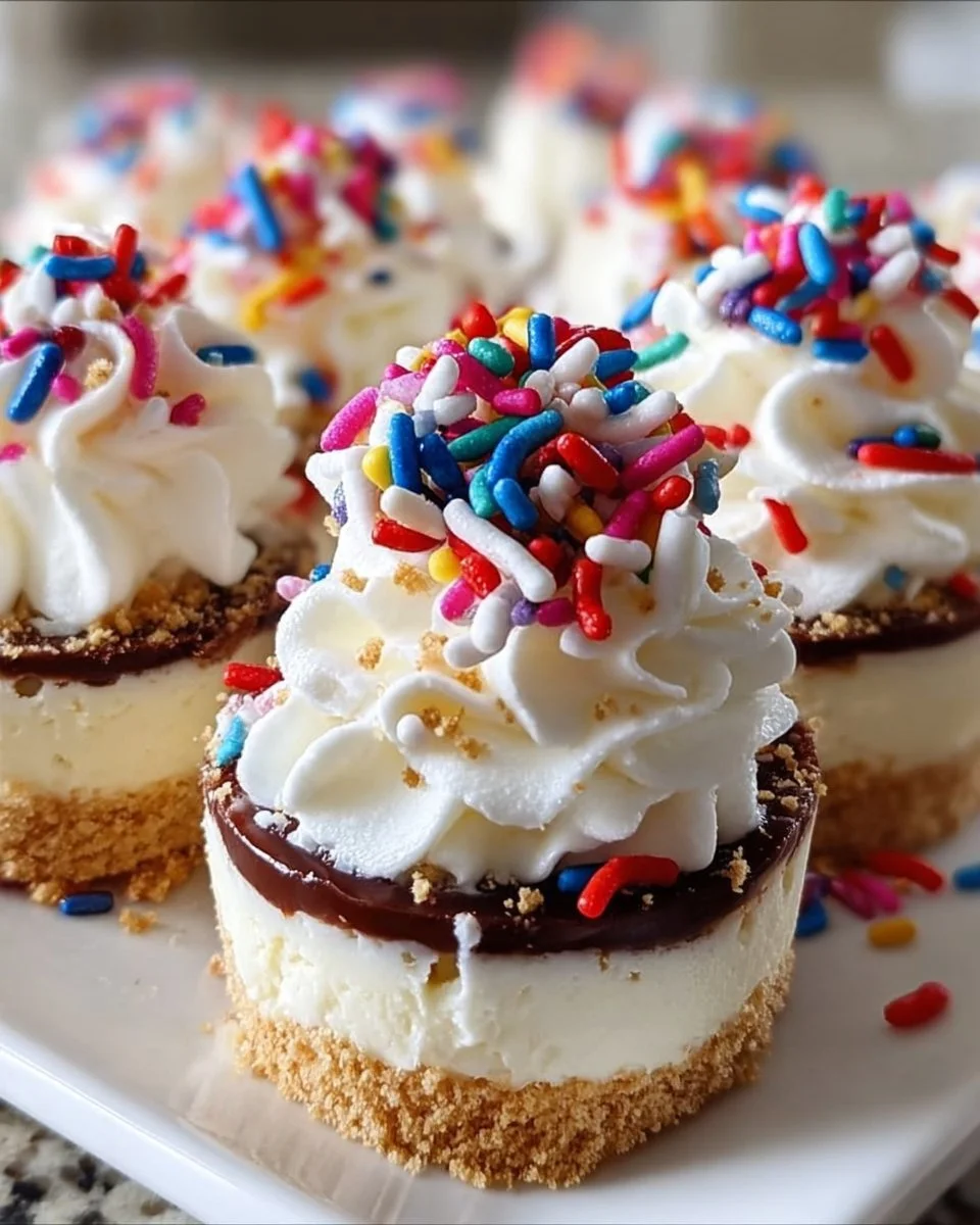 No-bake firecracker cheesecake bites on a plate decorated with festive sprinkles.