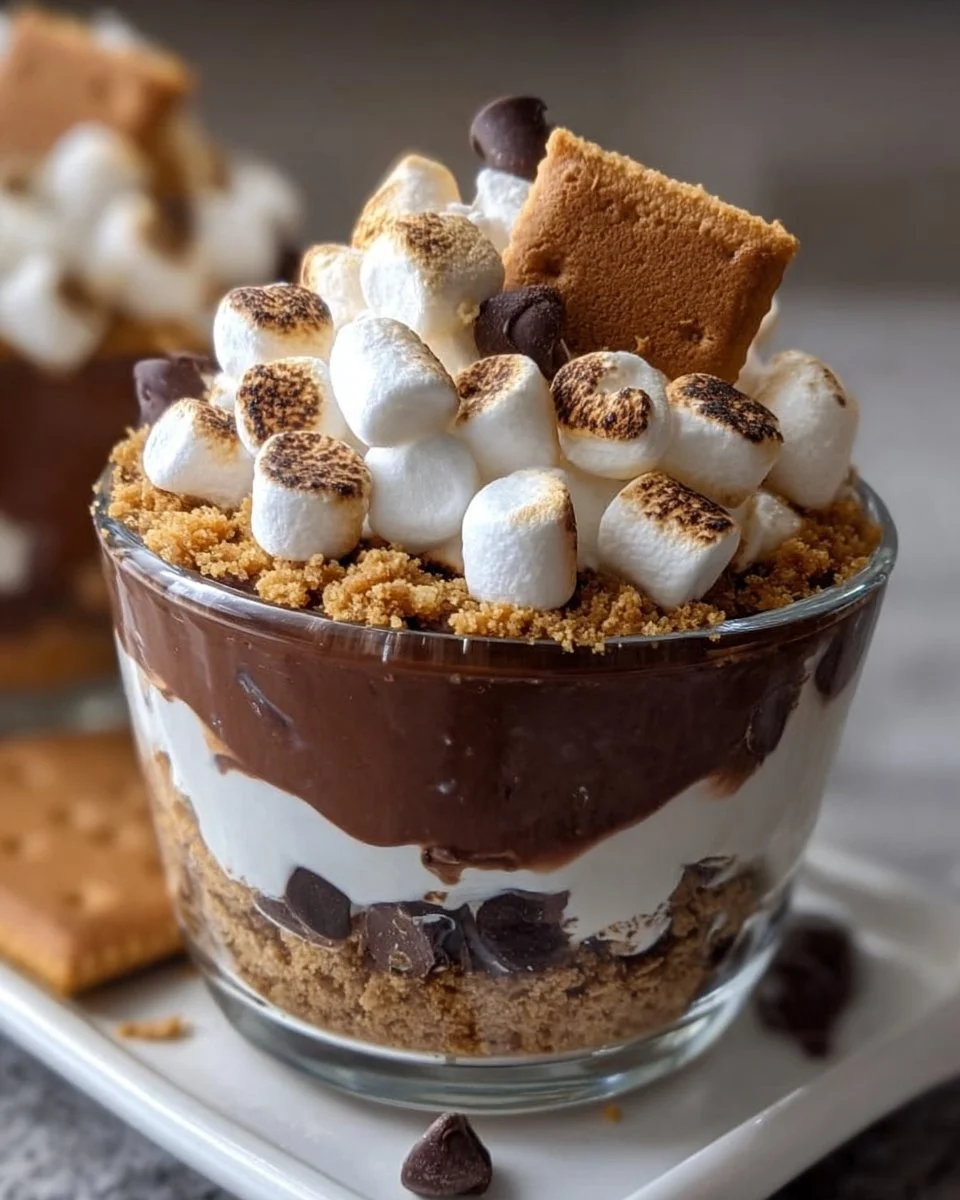 No bake s'mores parfaits layered with graham crackers, chocolate, and marshmallows.