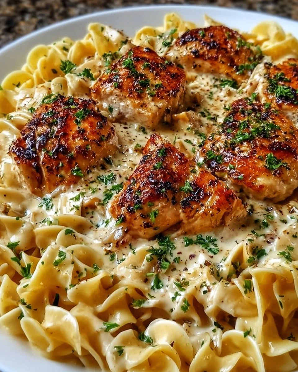 One-Pan Creamy Garlic Butter Chicken with Egg Noodles served on a plate