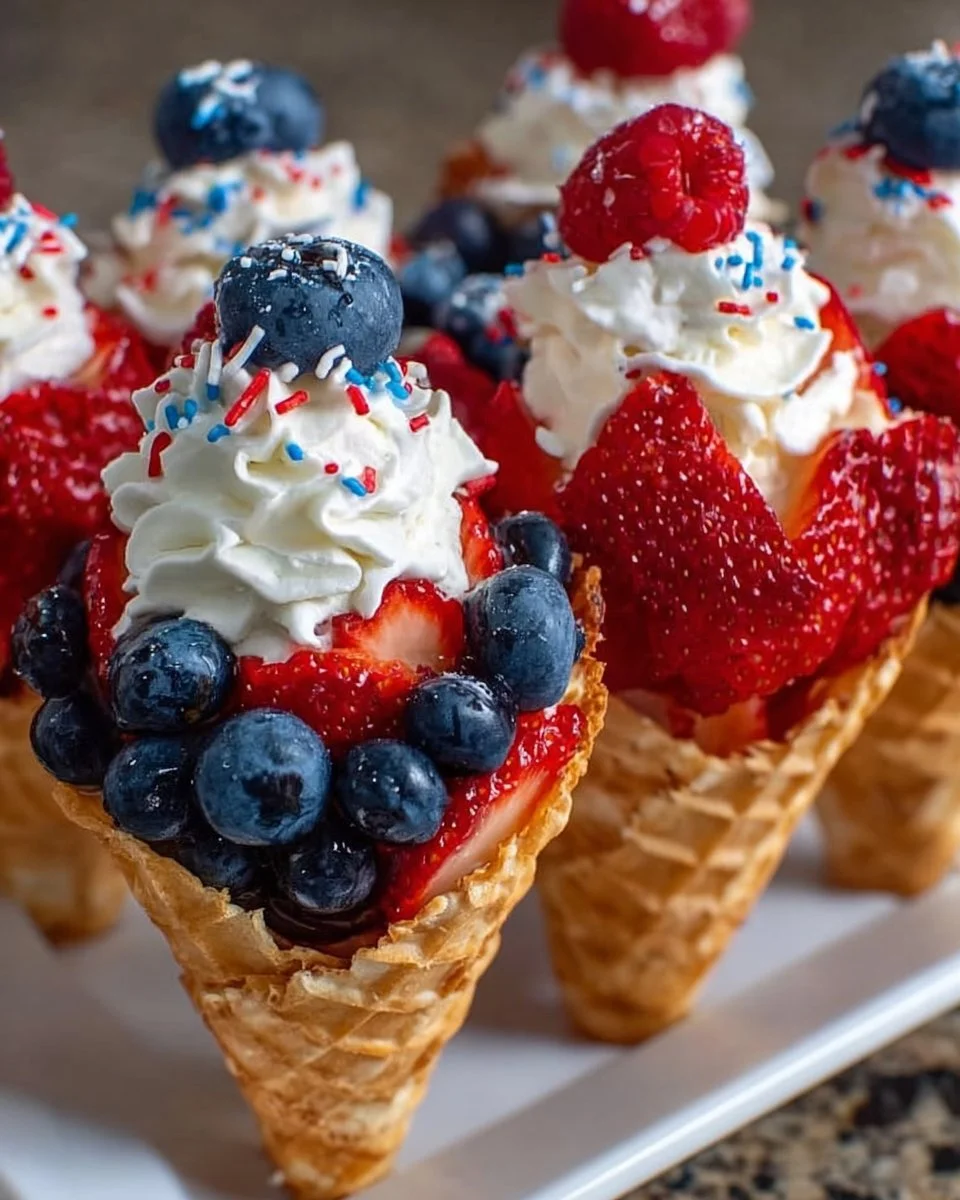 Colorful patriotic fruit cones with fresh berries and whipped cream on a festive plate.