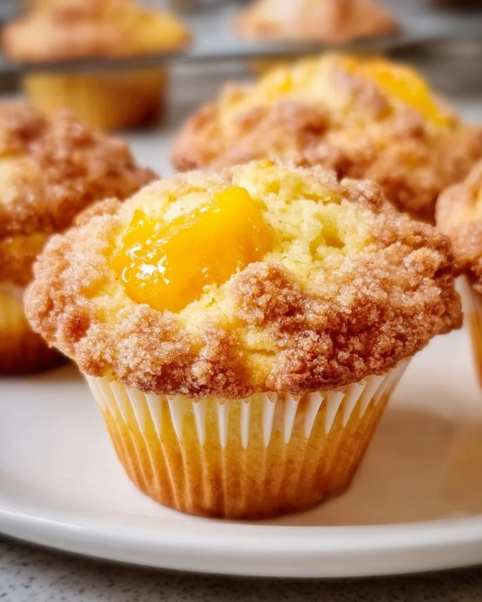 Delicious Peach Cobbler Muffins topped with sweet peaches and crumbly topping