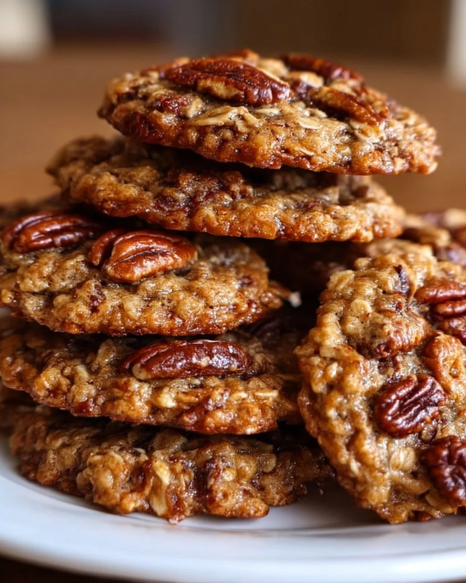 Pecan pie oatmeal cookies stacked on a plate, showcasing their golden-brown texture.
