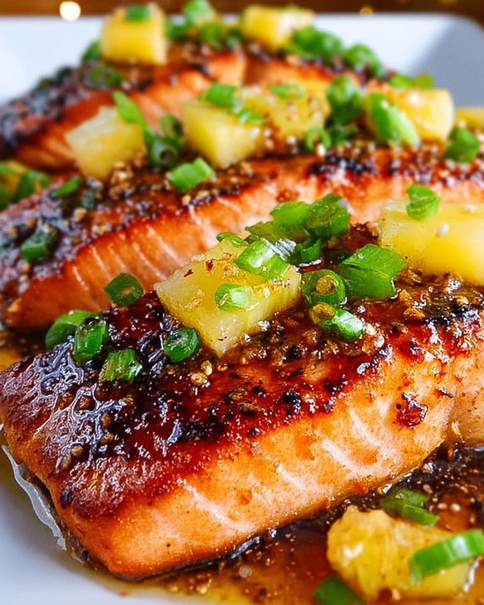 Pineapple glazed salmon fillet garnished with fresh pineapple and herbs