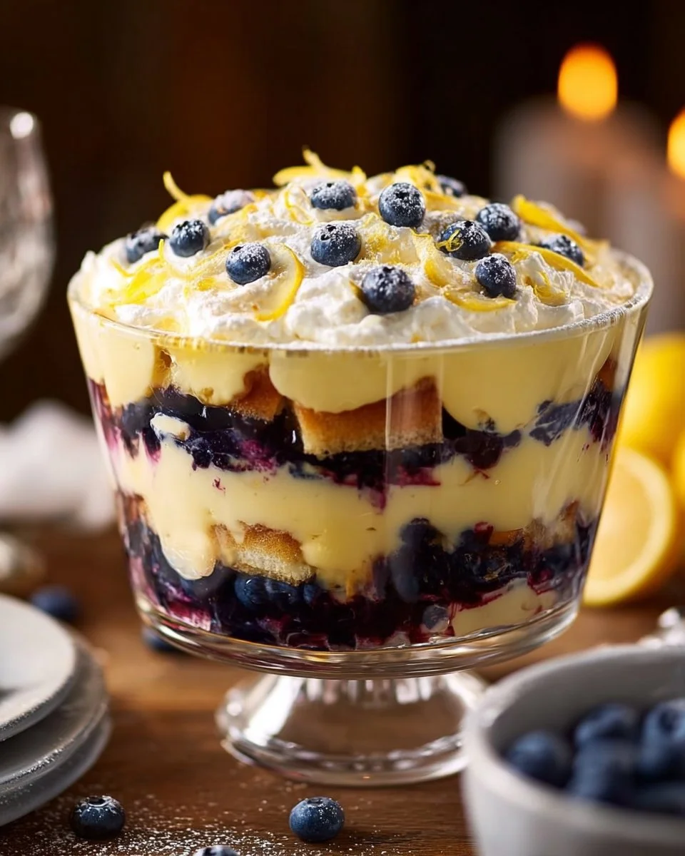 Delicious quick lemon blueberry trifle with layers of cake, lemon cream, and blueberries