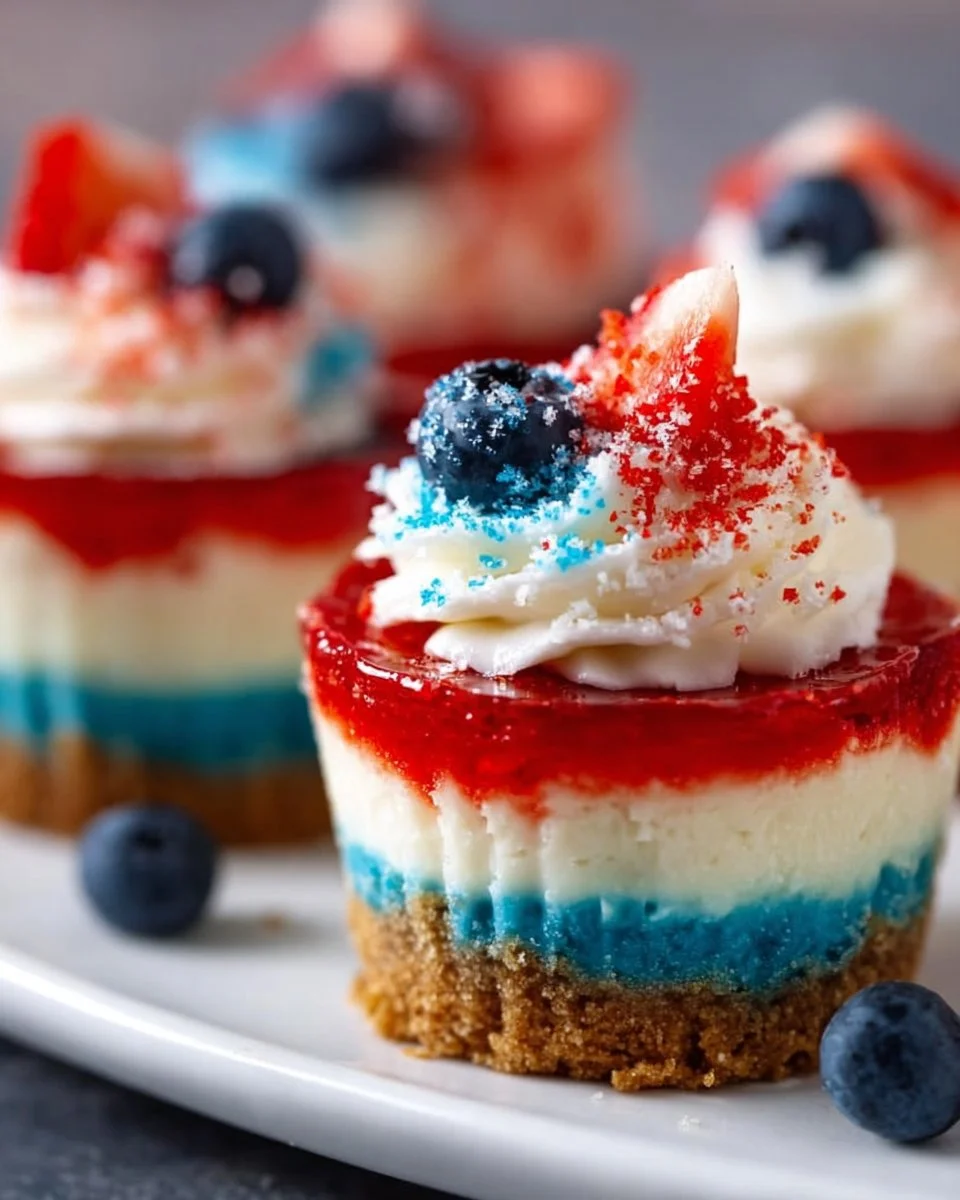 Red, white, and blue mini cheesecakes topped with fresh berries and whipped cream.