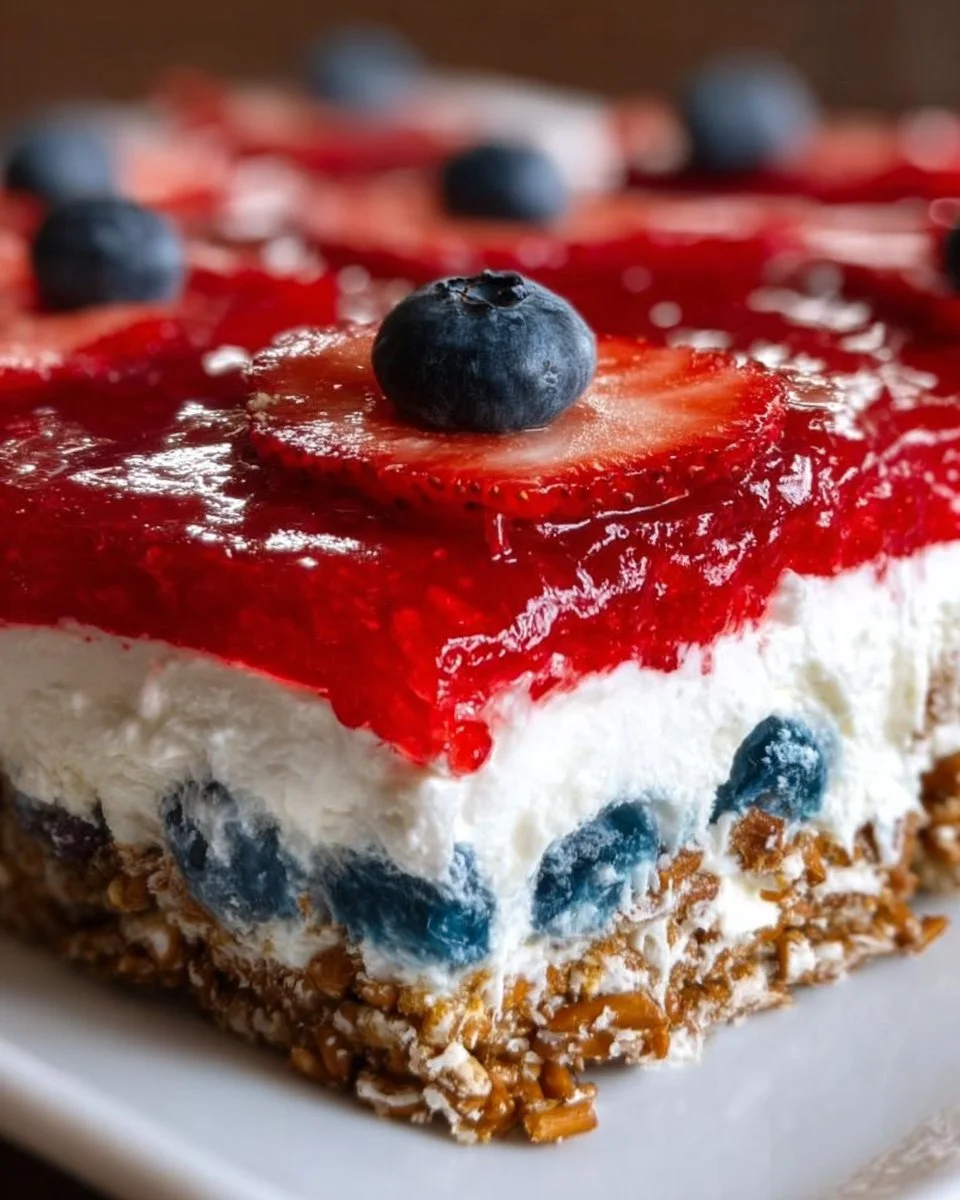 Red White and Blue Pretzel Salad featuring colorful layers and a festive presentation