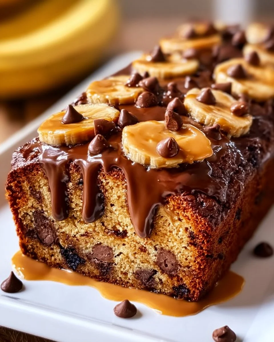 Delicious slice of Reese's peanut butter banana bread topped with chocolate.