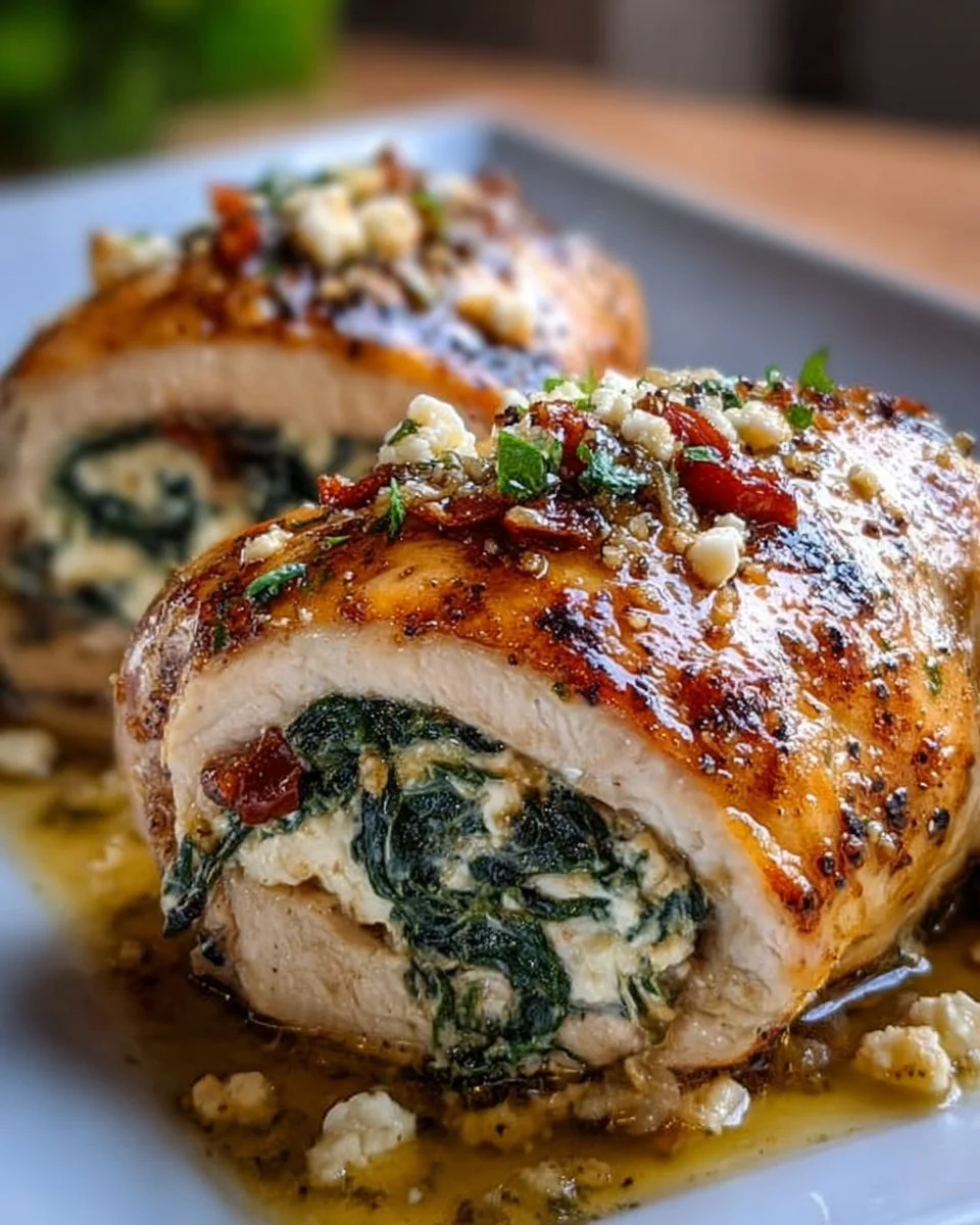 Rolled chicken stuffed with feta cheese and spinach