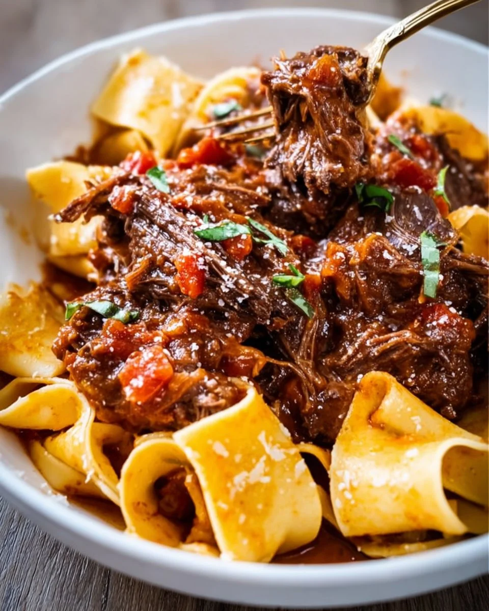A hearty bowl of short rib ragù served over pasta, garnished with herbs.