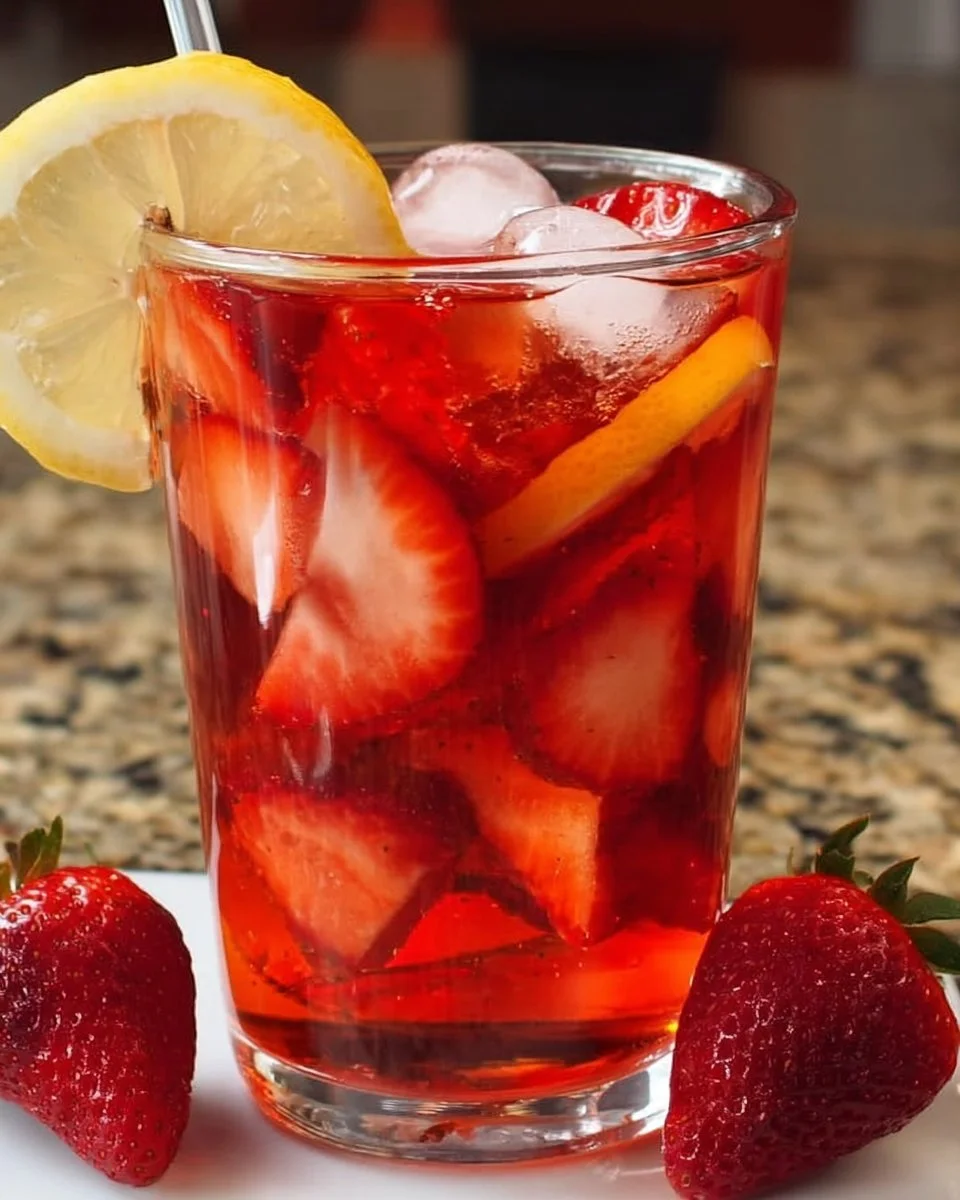 A glass of Southern strawberry sweet tea garnished with fresh strawberries and mint.