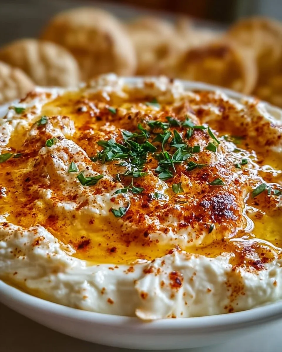Spicy cream cheese dip topped with hot honey served in a bowl