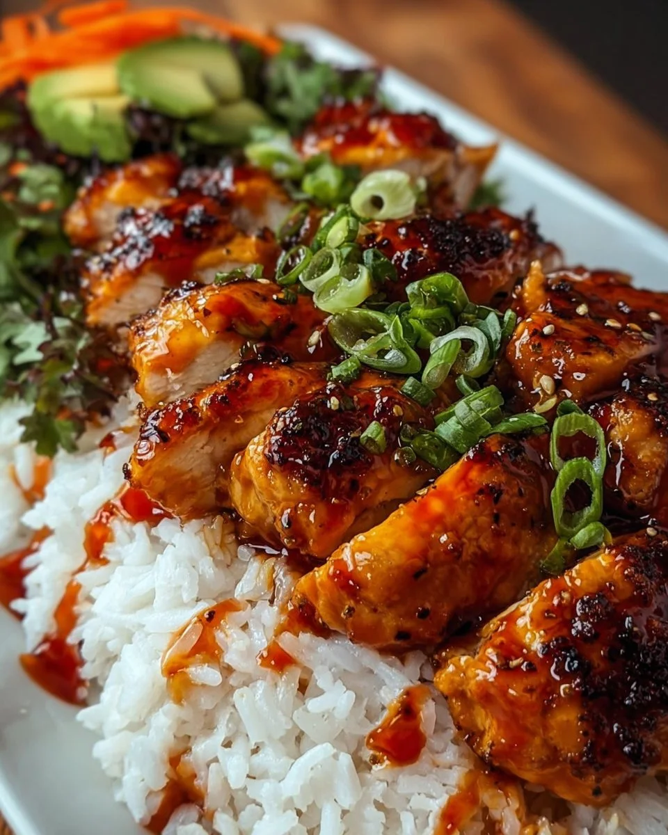 Plate of Spicy Maple Chicken served with coconut rice and fresh garnishes.
