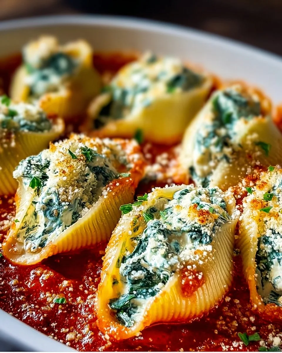 Delicious spinach and ricotta stuffed shells topped with marinara sauce
