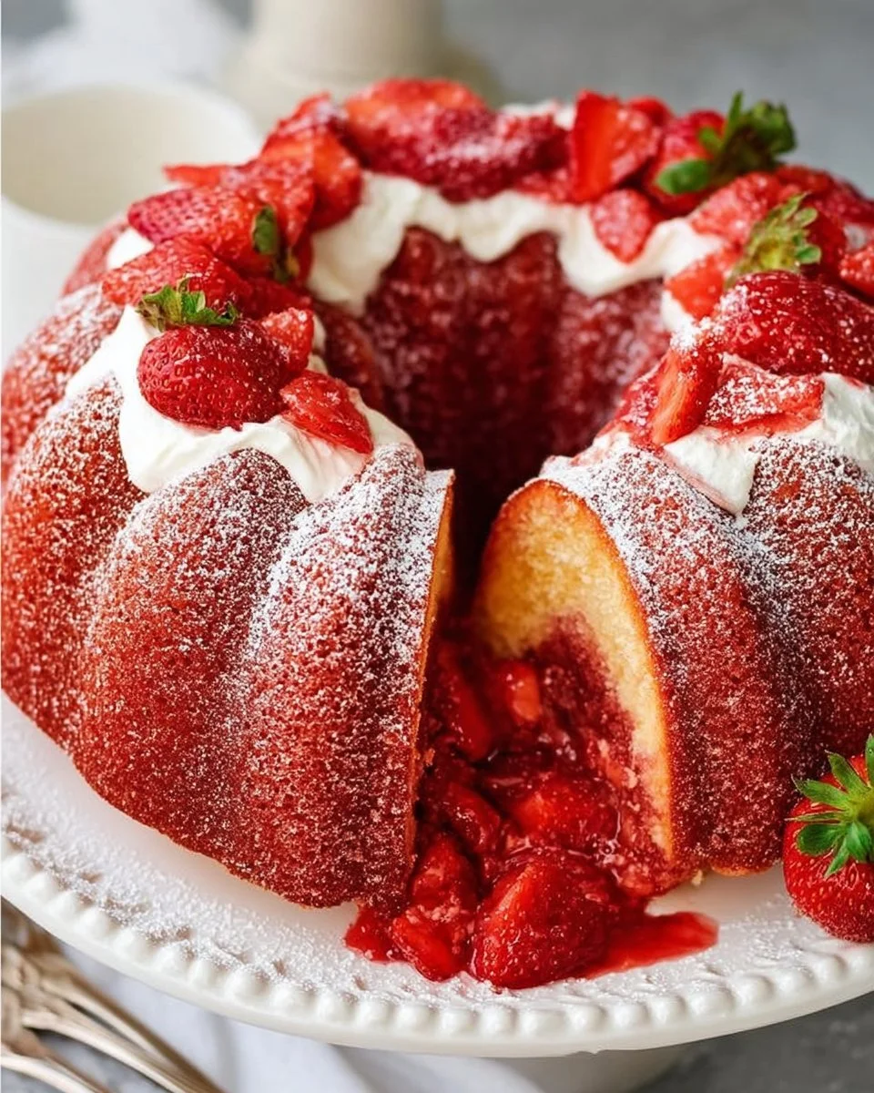 Delicious strawberry cake mix bundt cake topped with fresh strawberries and frosting