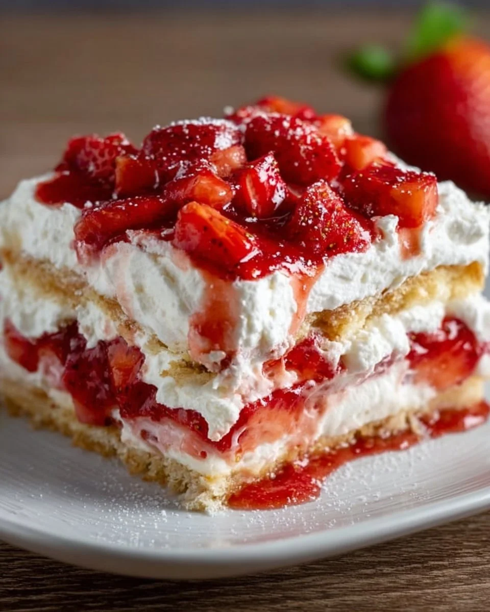 Delicious strawberry cheesecake lasagna with fresh strawberries and cream layers