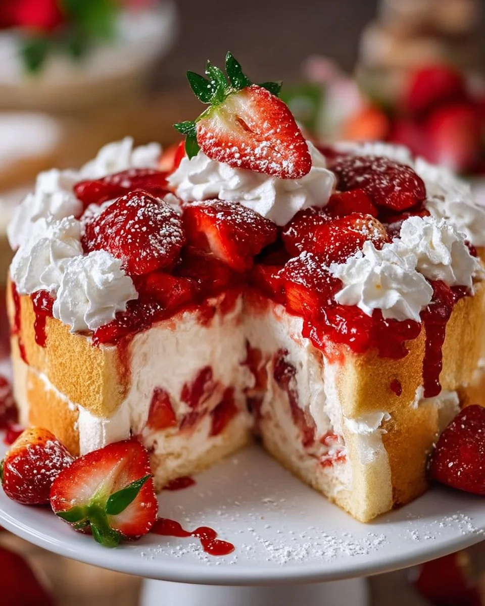 Delicious Strawberry Heaven On Earth Cake topped with fresh strawberries