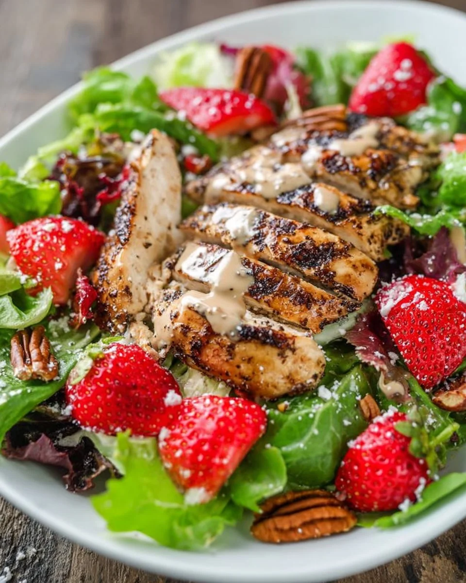 Strawberry Pecan Chicken Salad with fresh strawberries and pecans served in a bowl