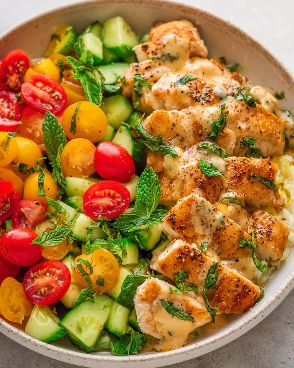 Delicious Summer Chicken Salad with Tahini served in a bowl
