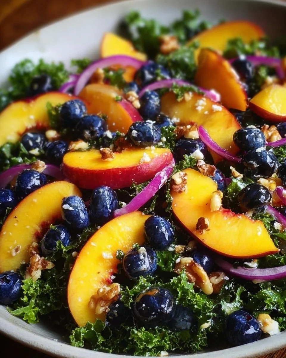 Delicious summer peach blueberry kale salad with fresh ingredients