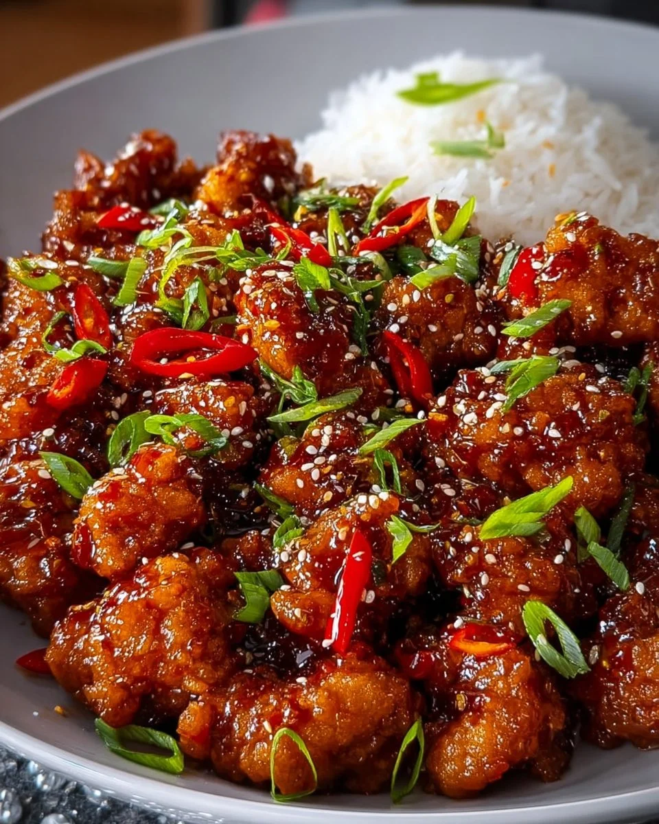 Delicious Sweet Chili Chicken served with fresh vegetables and rice