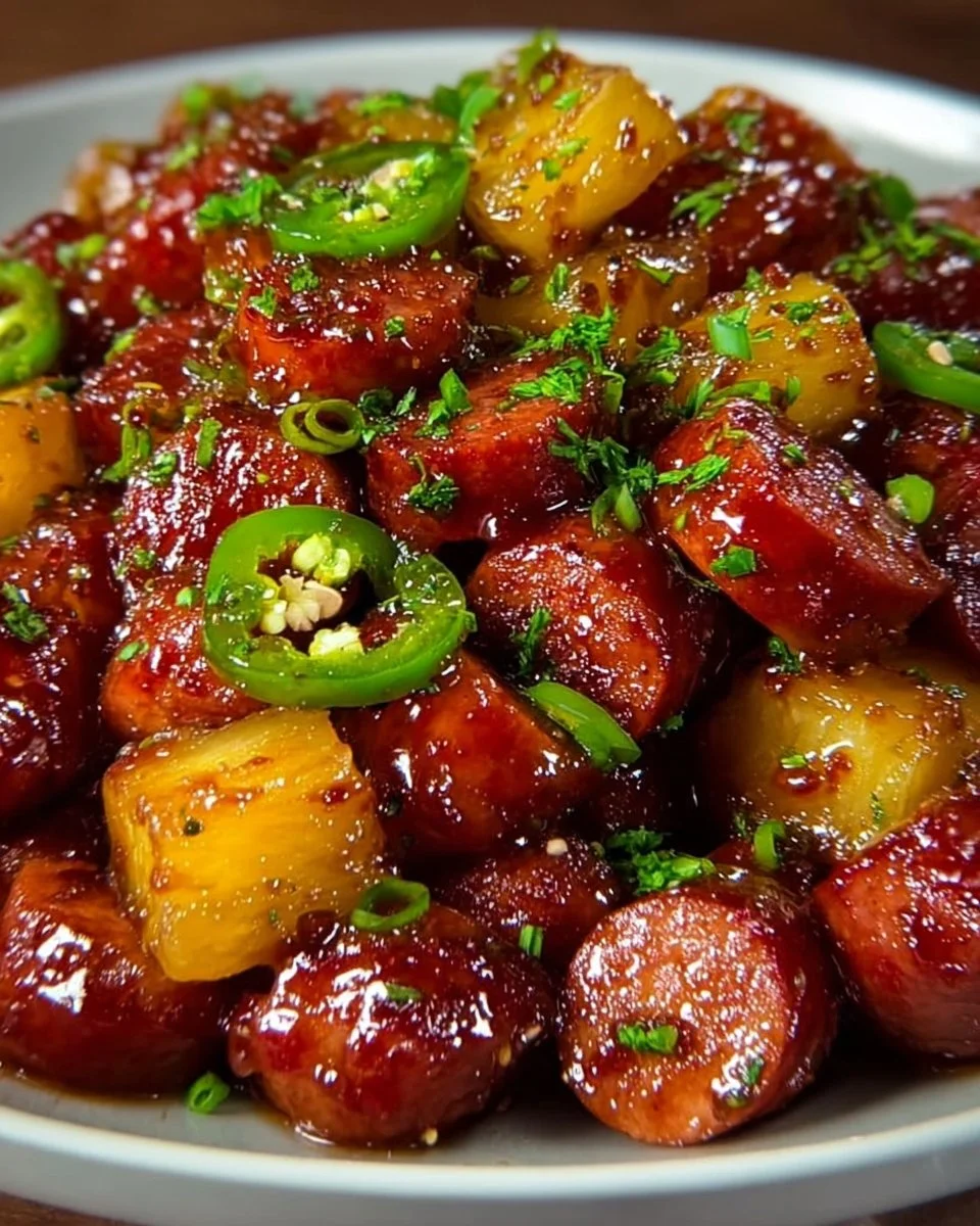 Sweet and spicy pineapple jalapeño smokies served in a dish