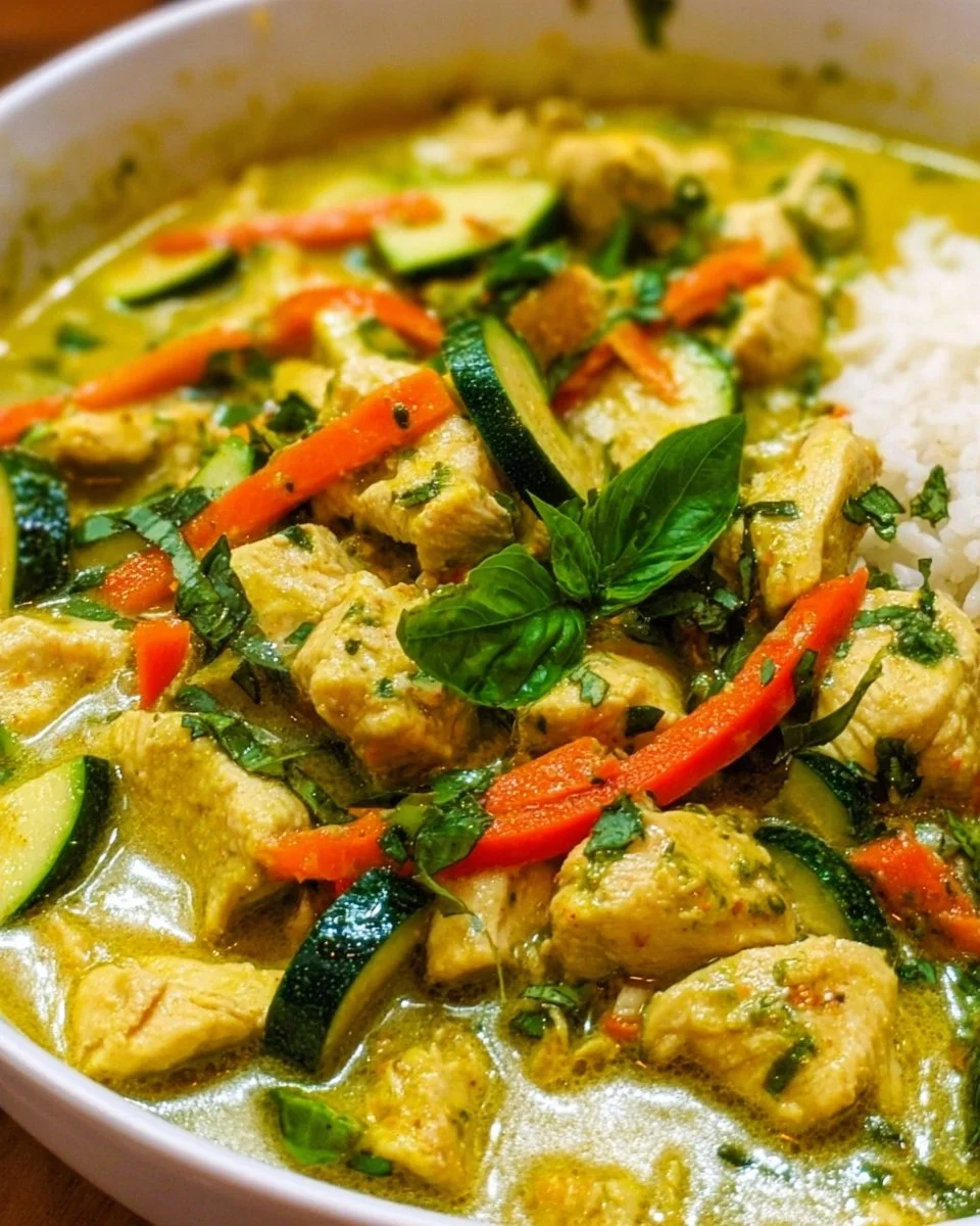 Delicious Thai green chicken curry served in a bowl with herbs and rice