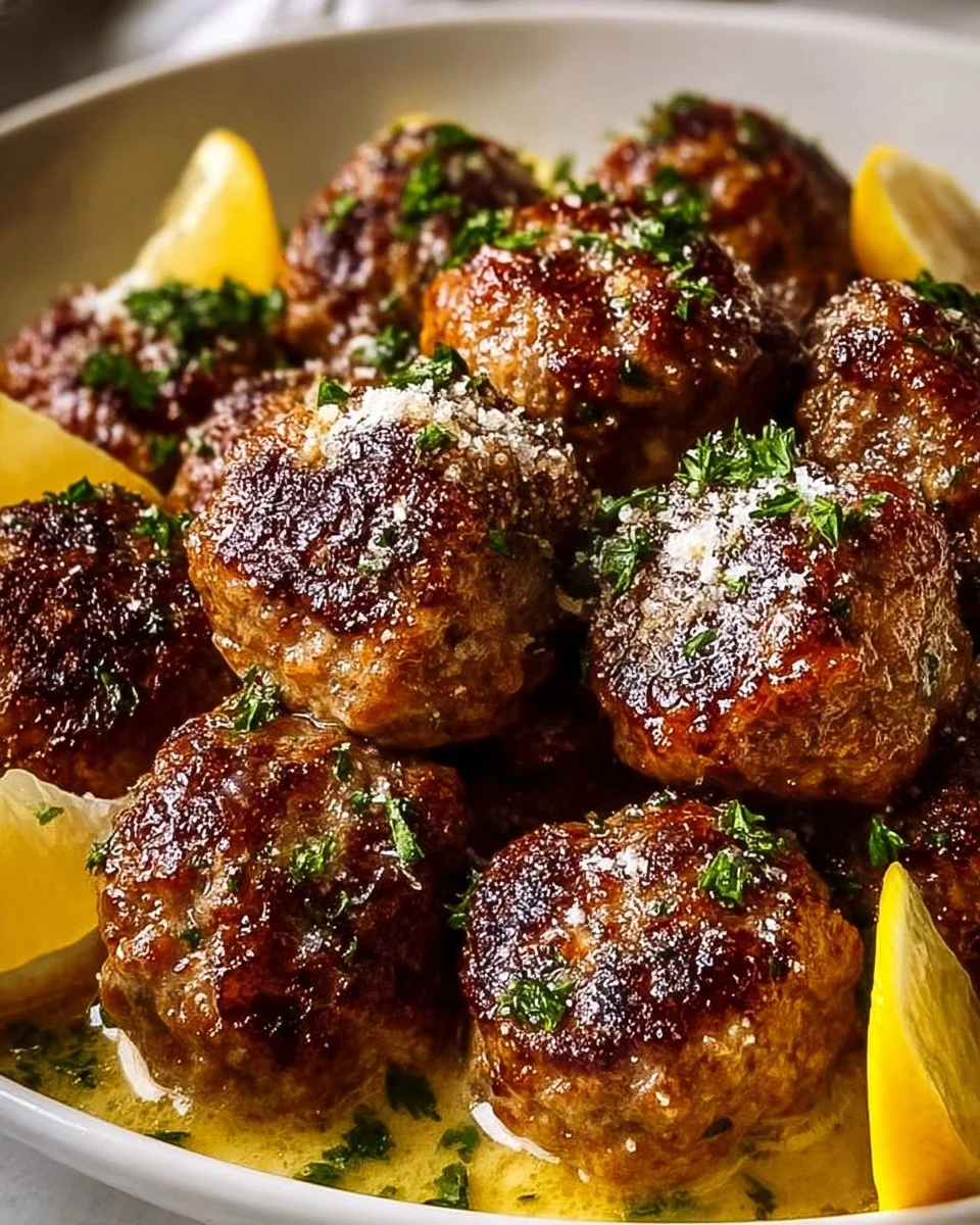 Juicy Greek meatballs in lemon sauce served on a plate garnished with herbs.