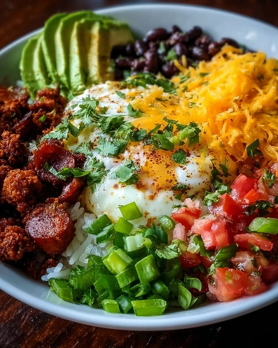 Ultimate breakfast burrito bowl topped with crispy chorizo and vibrant ingredients.