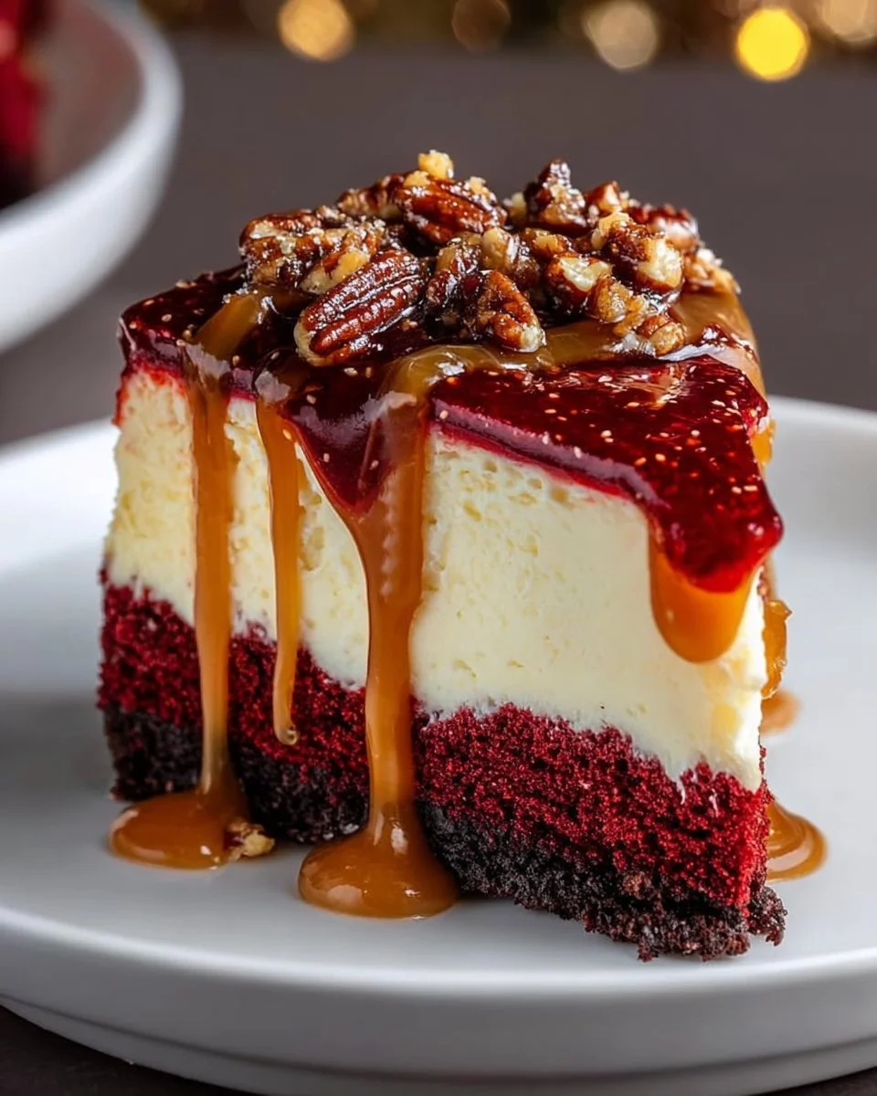 Vampire Bite Red Velvet Cheesecake with caramel and pecans