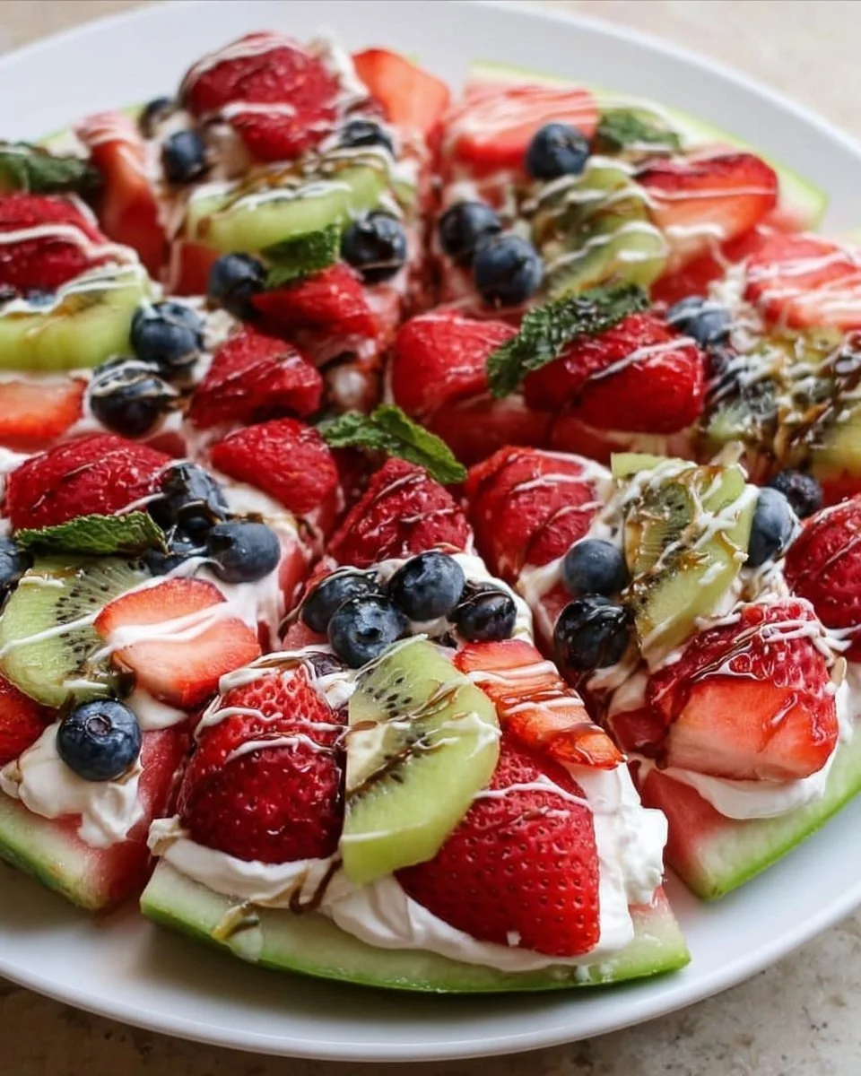 Delicious watermelon pizza topped with fresh fruits and mint leaves