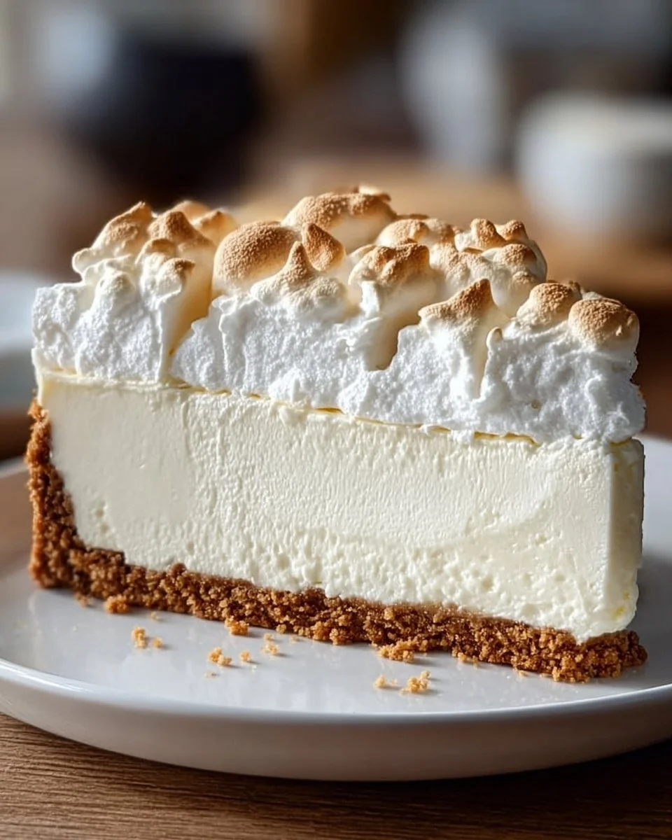 Delicious whipped marshmallow cheesecake topped with fluffy marshmallow cream