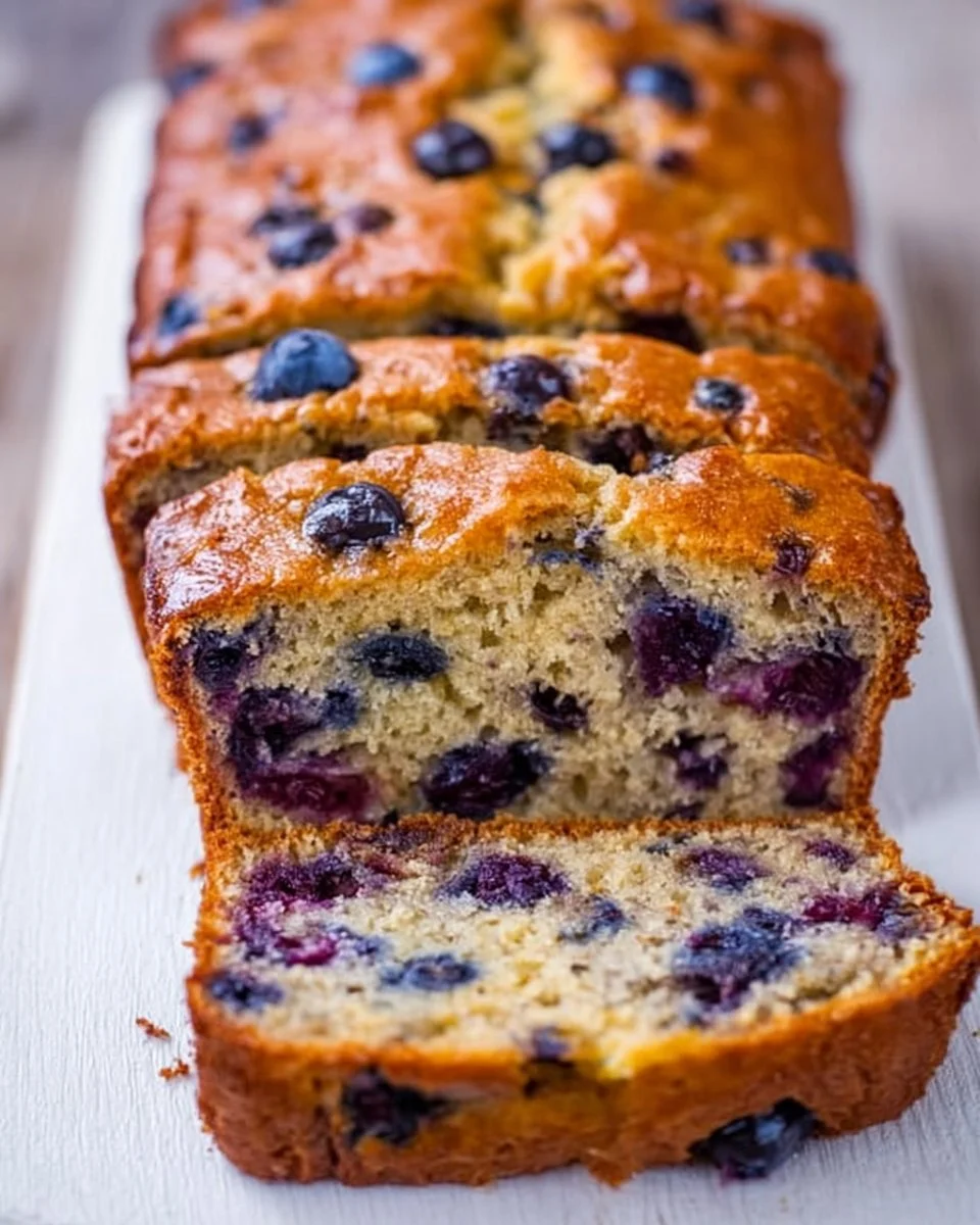Delicious Zucchini Blueberry Bread loaf sliced on a wooden cutting board
