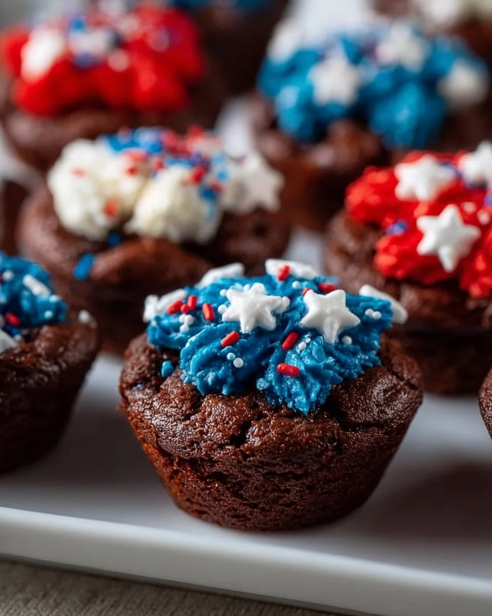 4th of July themed brownie bites decorated with red, white, and blue sprinkles