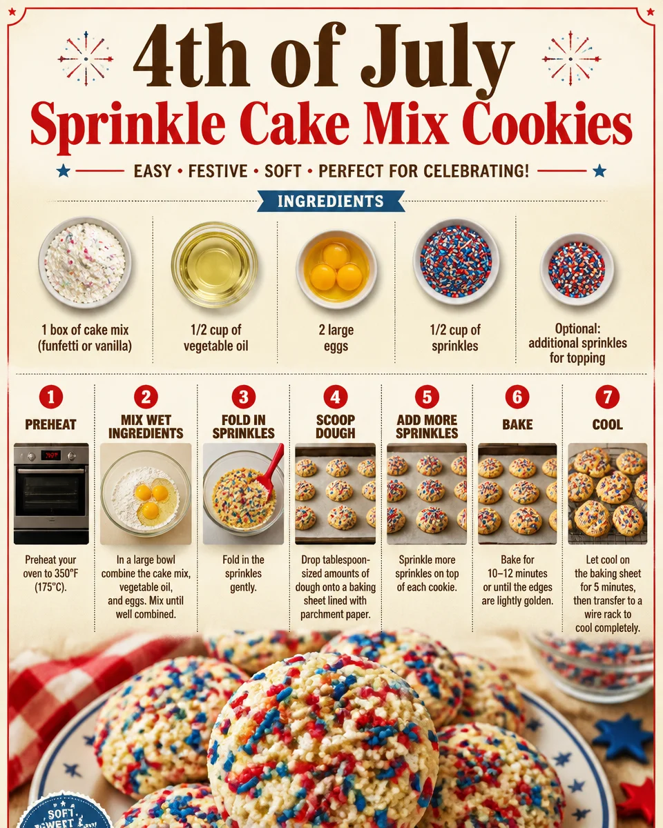 Colorful 4th of July Sprinkle Cake Mix Cookies on a festive table
