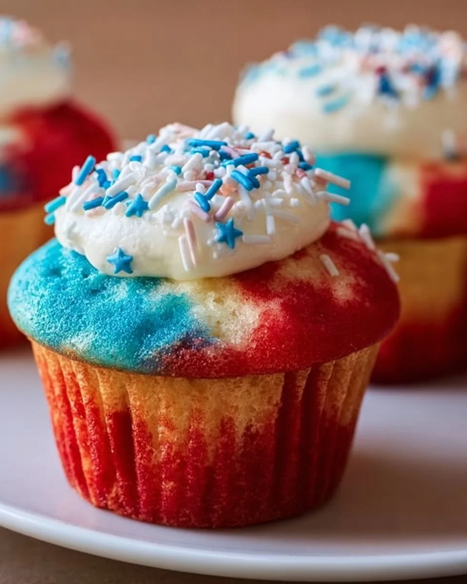 Colorful 4th of July tie-dye cupcakes decorated with red, white, and blue frosting.