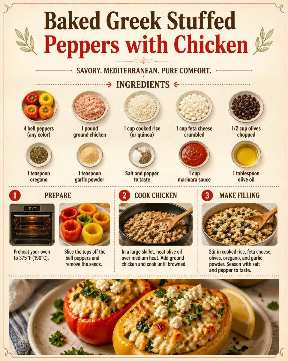 Baked Greek stuffed peppers filled with chicken and herbs, a healthy meal option