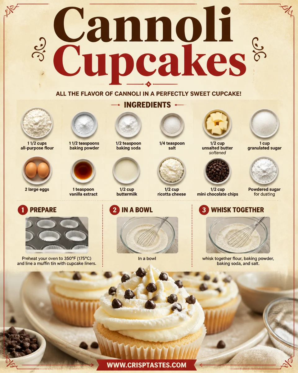 Delicious cannoli cupcakes topped with creamy filling and chocolate chips
