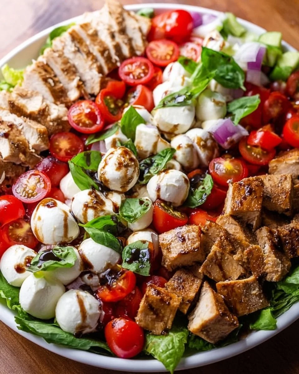 Delicious Caprese Chicken Salad with fresh tomatoes, mozzarella, and basil