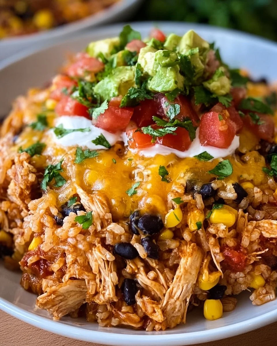Delicious Chicken Burrito Bowl Casserole served in a bowl with fresh toppings