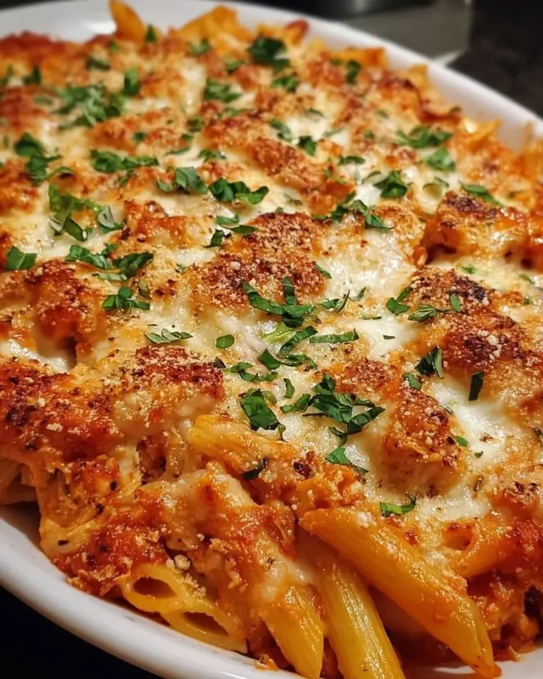 Delicious Chicken Parmesan Casserole topped with cheese and marinara sauce