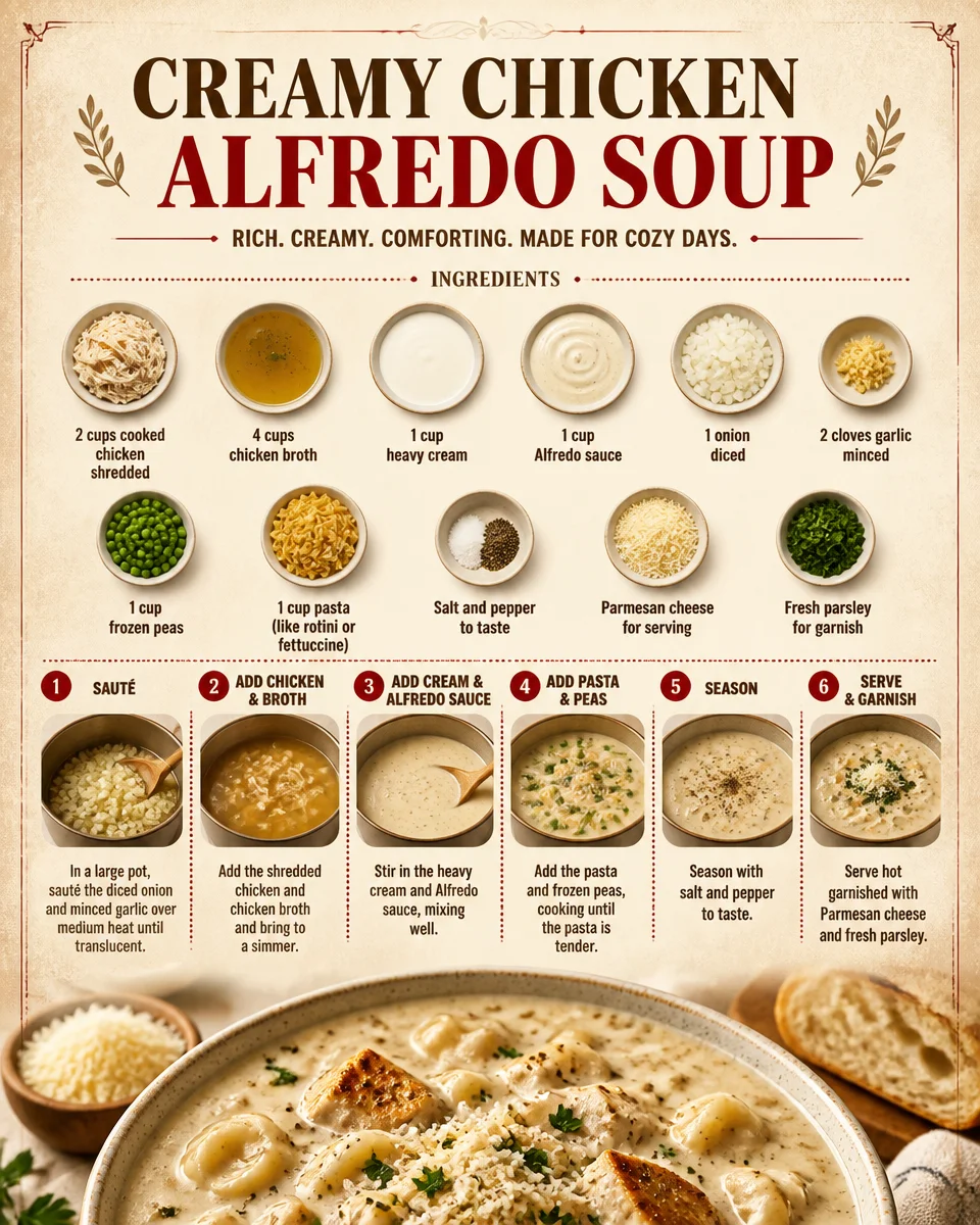 Bowl of creamy chicken Alfredo soup topped with parsley and served with crusty bread
