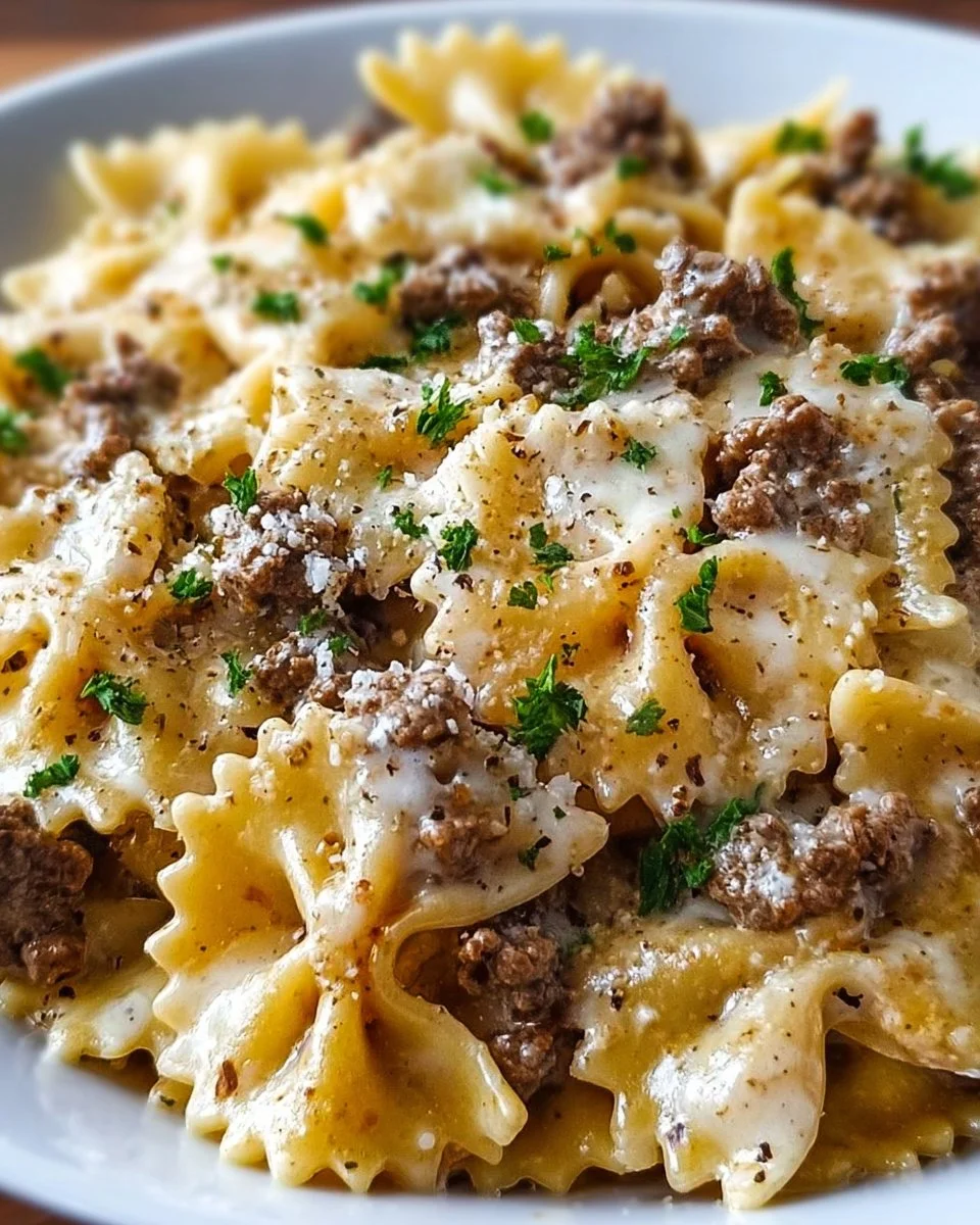 Creamy Parmesan garlic beef bowtie pasta dish with fresh herbs